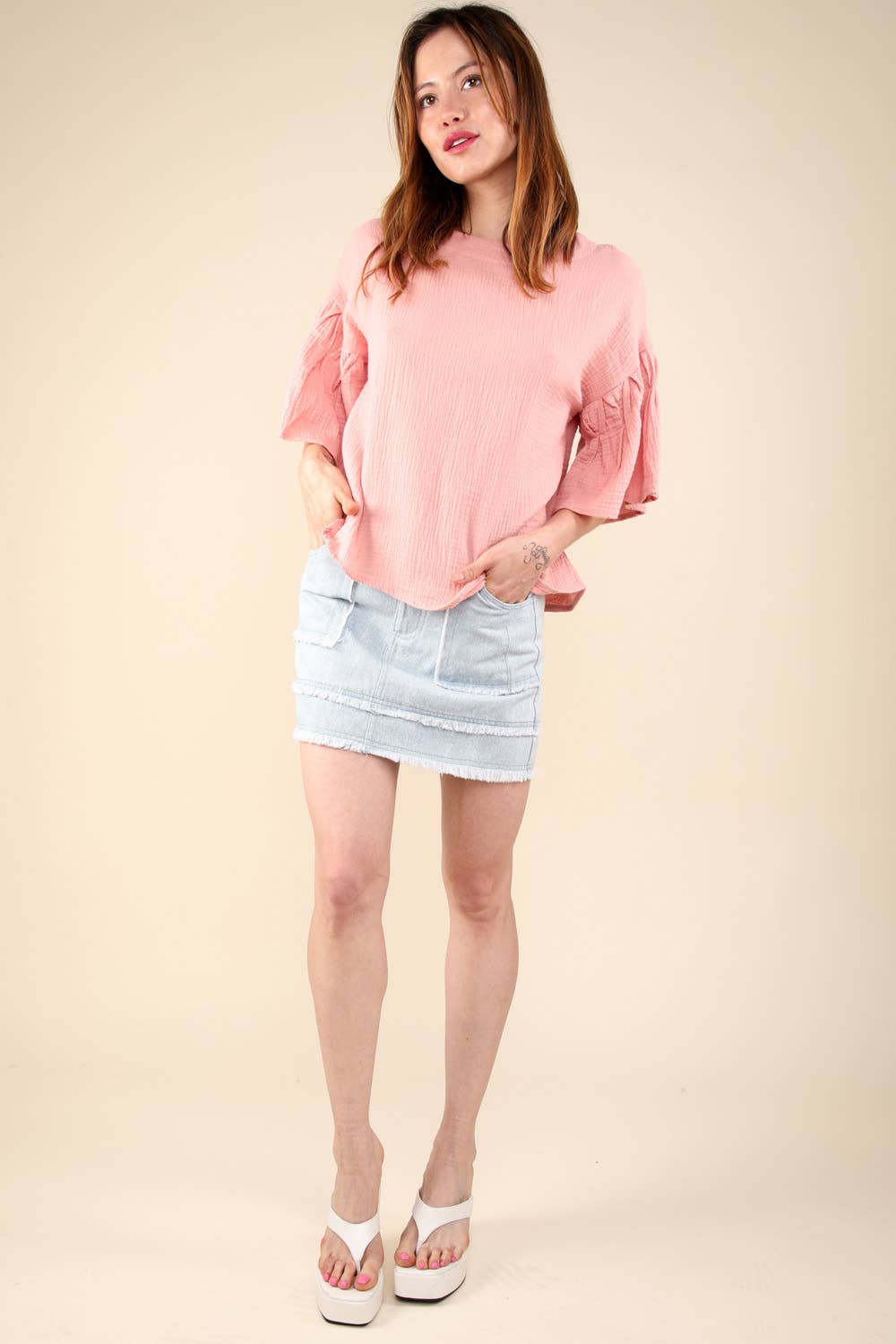 Washed Denim Frayed Hem Mini Skirt
