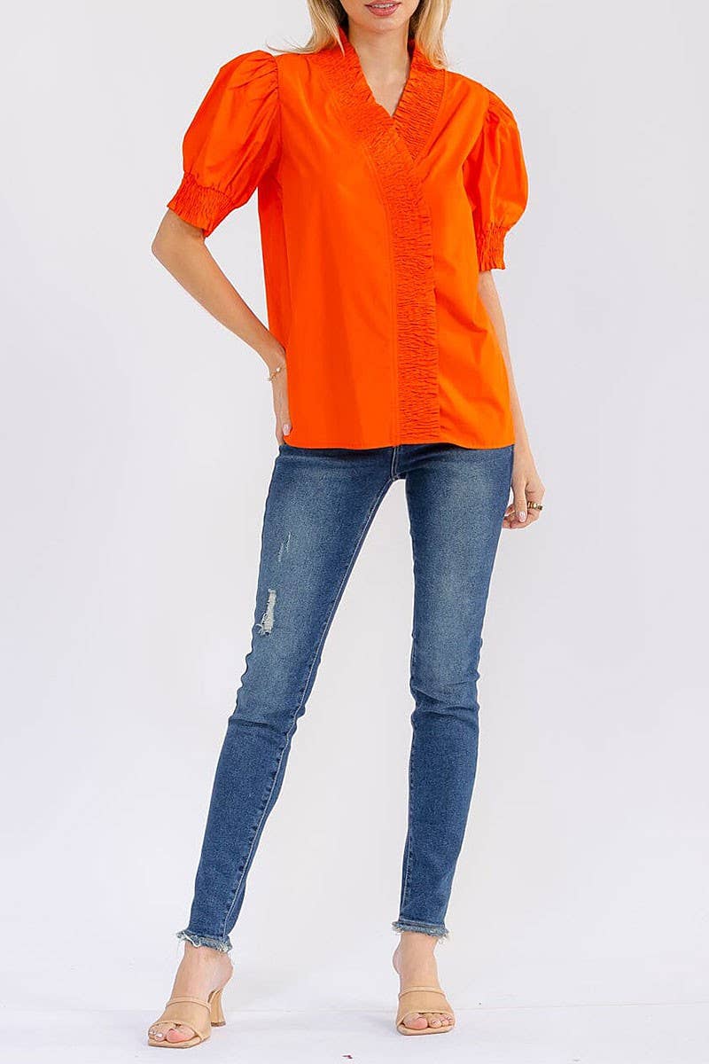 SHORT PUFF SLEEVE V-NECK RUFFLE BLOUSE