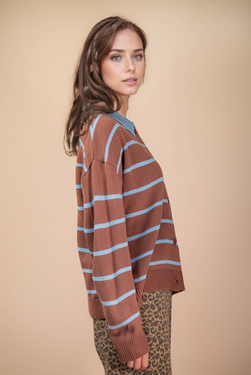 Mocha Oversized Button Down Striped Casual Sweater