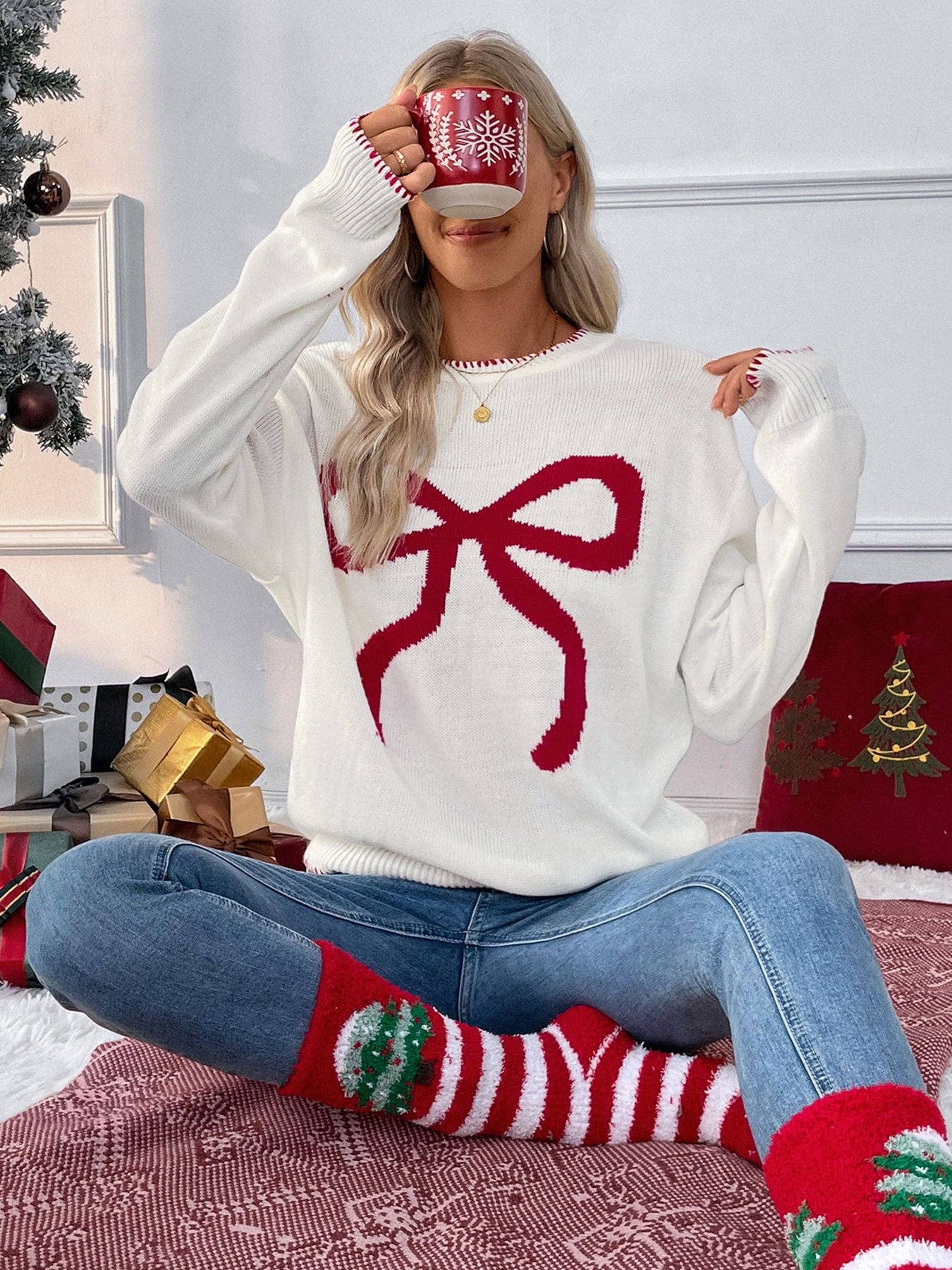 Bow Knit Sweater Holiday Pullover