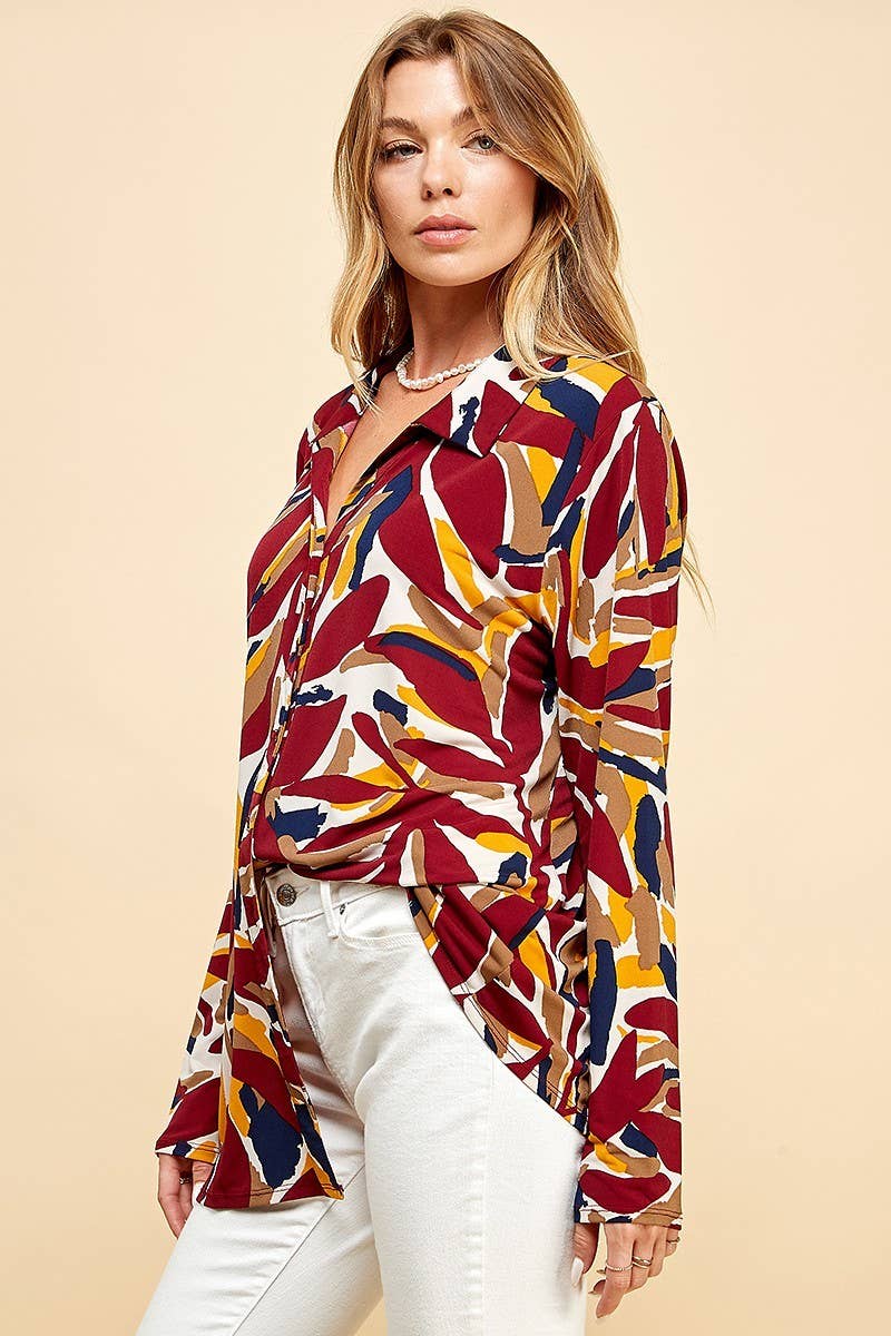 COLOR BUTTON UP COLLAR LOOSE SHIRT TOP