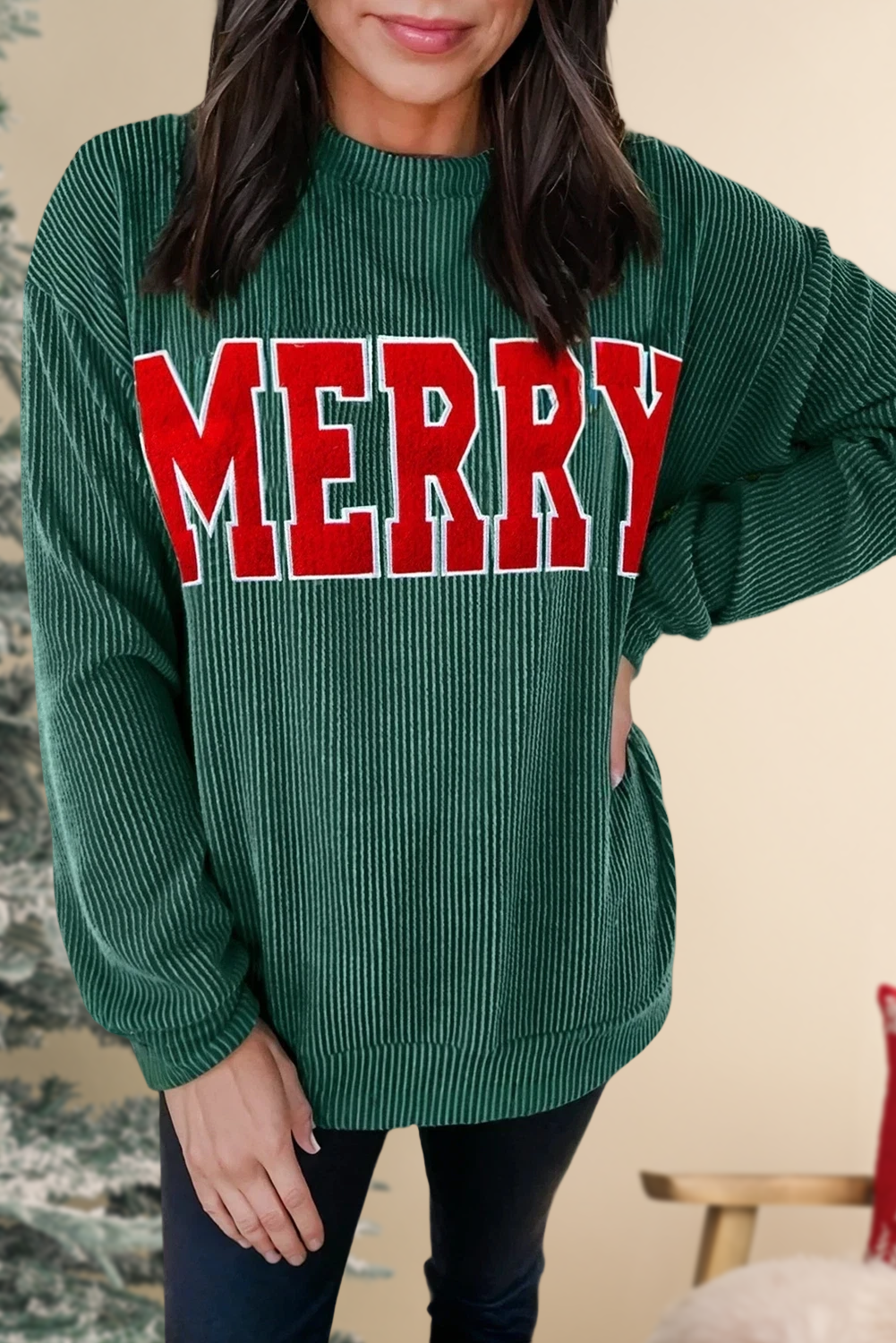 Ribbed Merry Letter Christmas Graphic Top