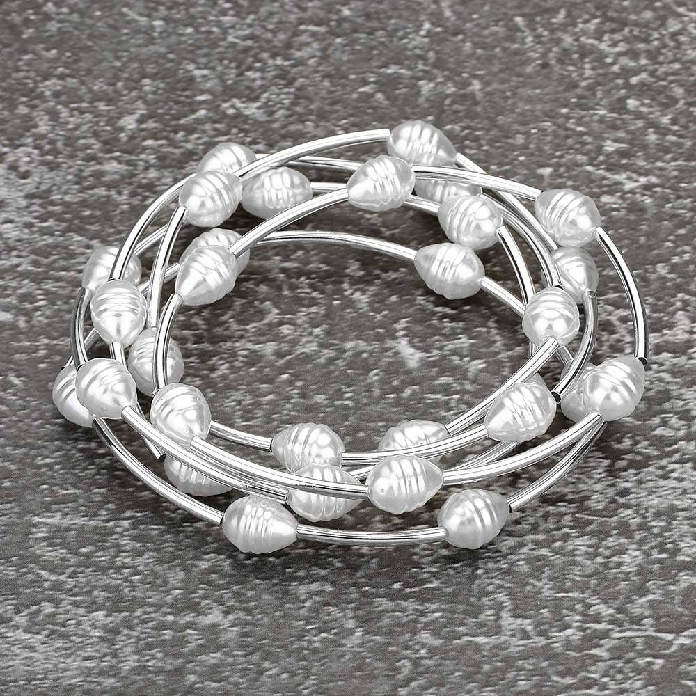 5PCS-Pearl Metal Bar Beaded Stretch Multi Layered Bracelets