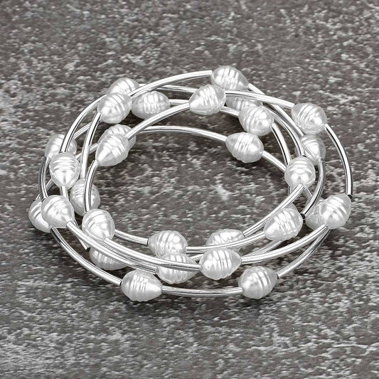 5PCS-Pearl Metal Bar Beaded Stretch Multi Layered Bracelets