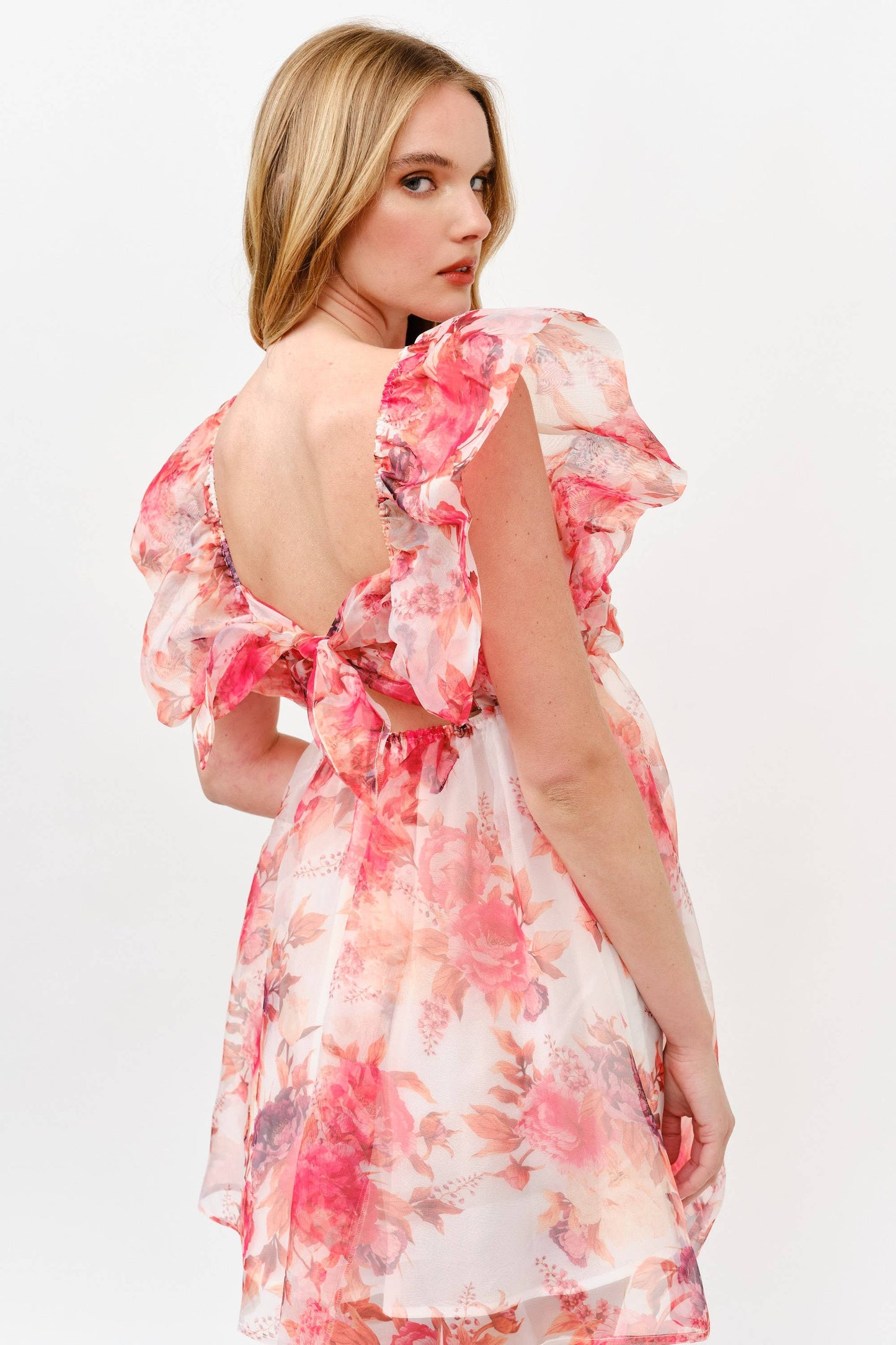 Pink Floral Chiffon Mini Dress with Ruffle Sleeves