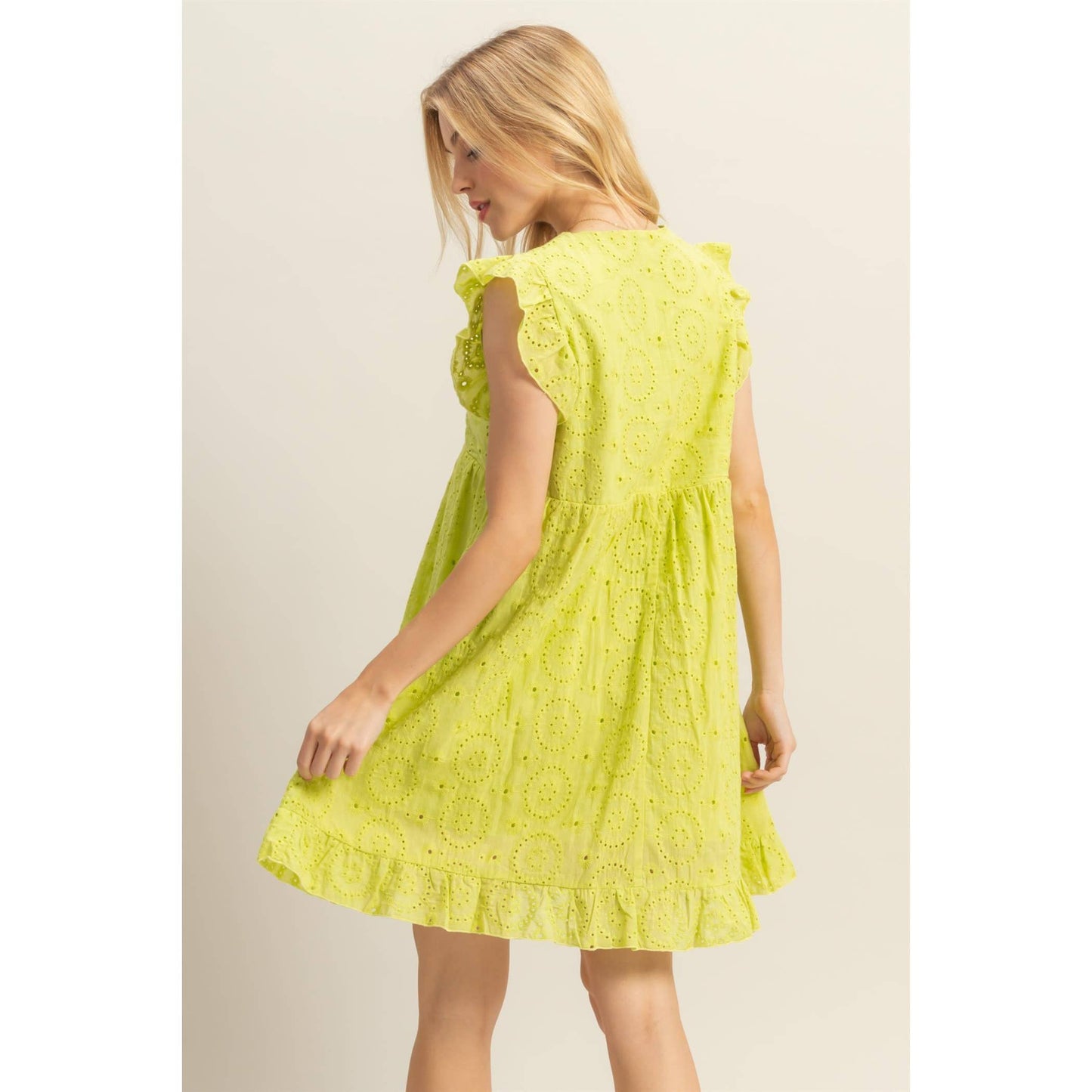 Flutter Sleeve V-Neck Eyelet Mini Dress