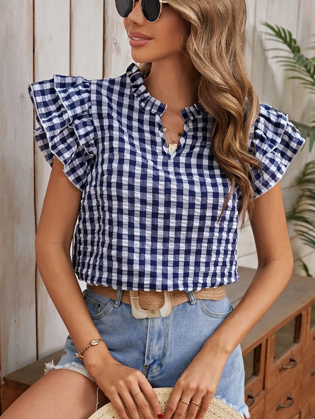 Double-layer ruffled edge patterned top (Multiple colors)