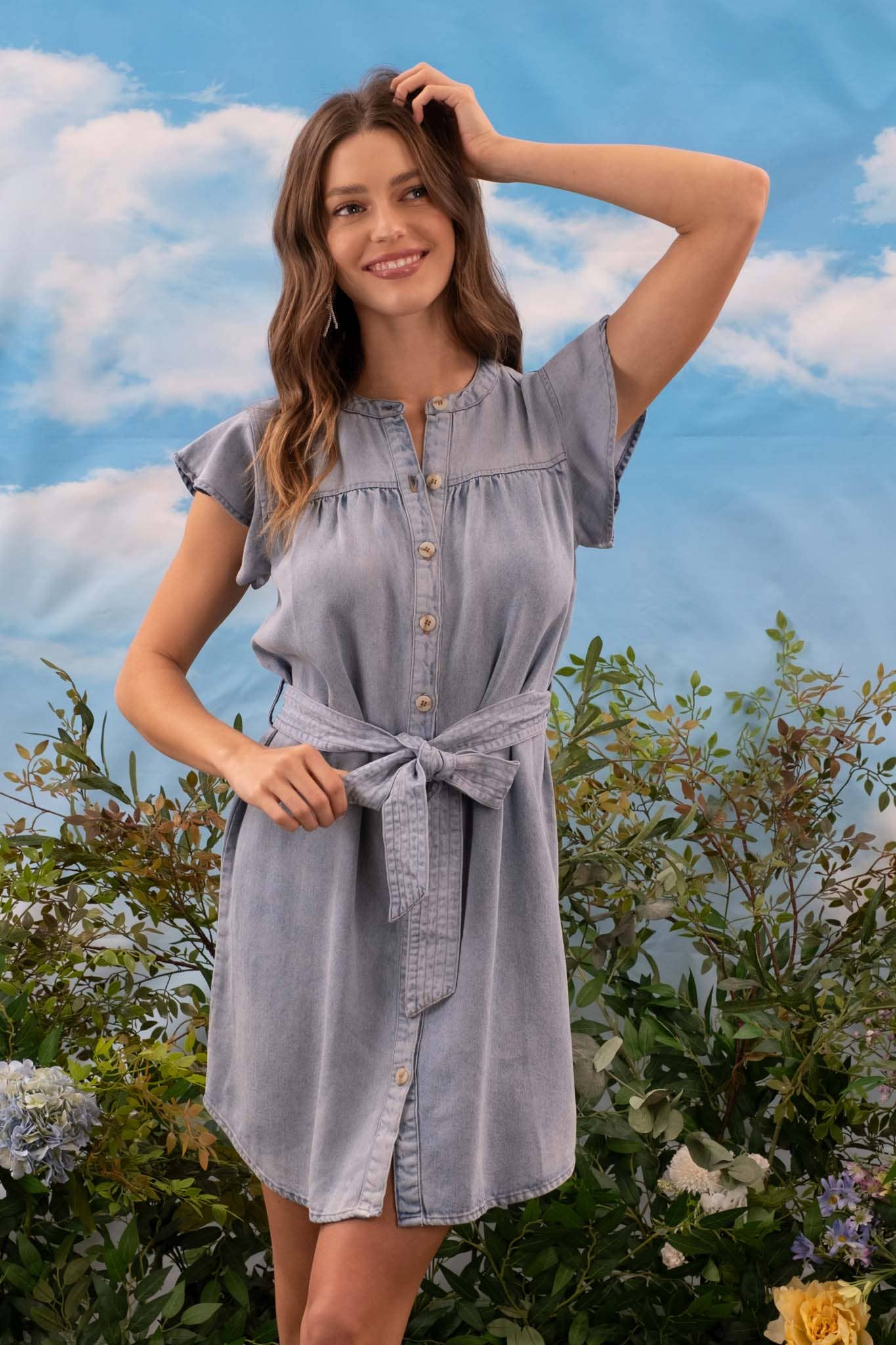 CHAMBRAY BUTTON UP FLOUNCE SLEEVE BELTED MINI DRESS