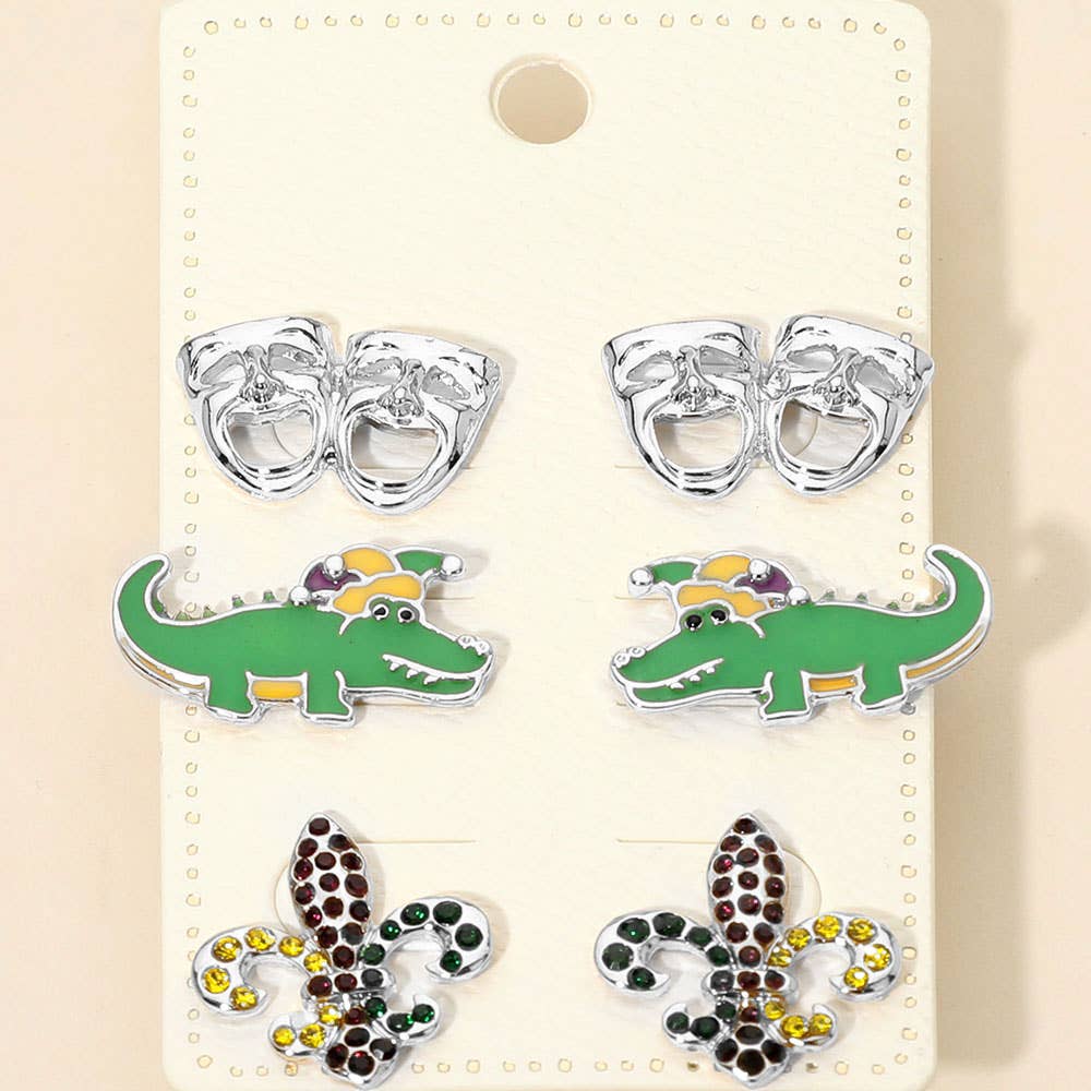 3Pairs - Mardi Gras Mask Crocodile Fleur de Lis Stud Earring Set
