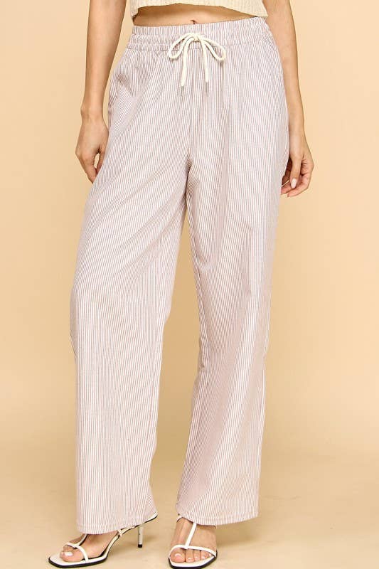 STRIPED DRAWSTRING STRAIGHT PANTS ~ Mocha