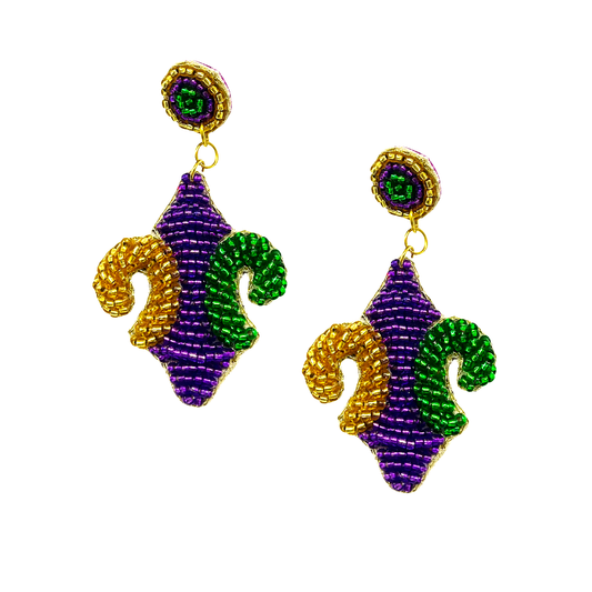 Beaded Purple, Green, and Gold Fleur de Lis Earrings