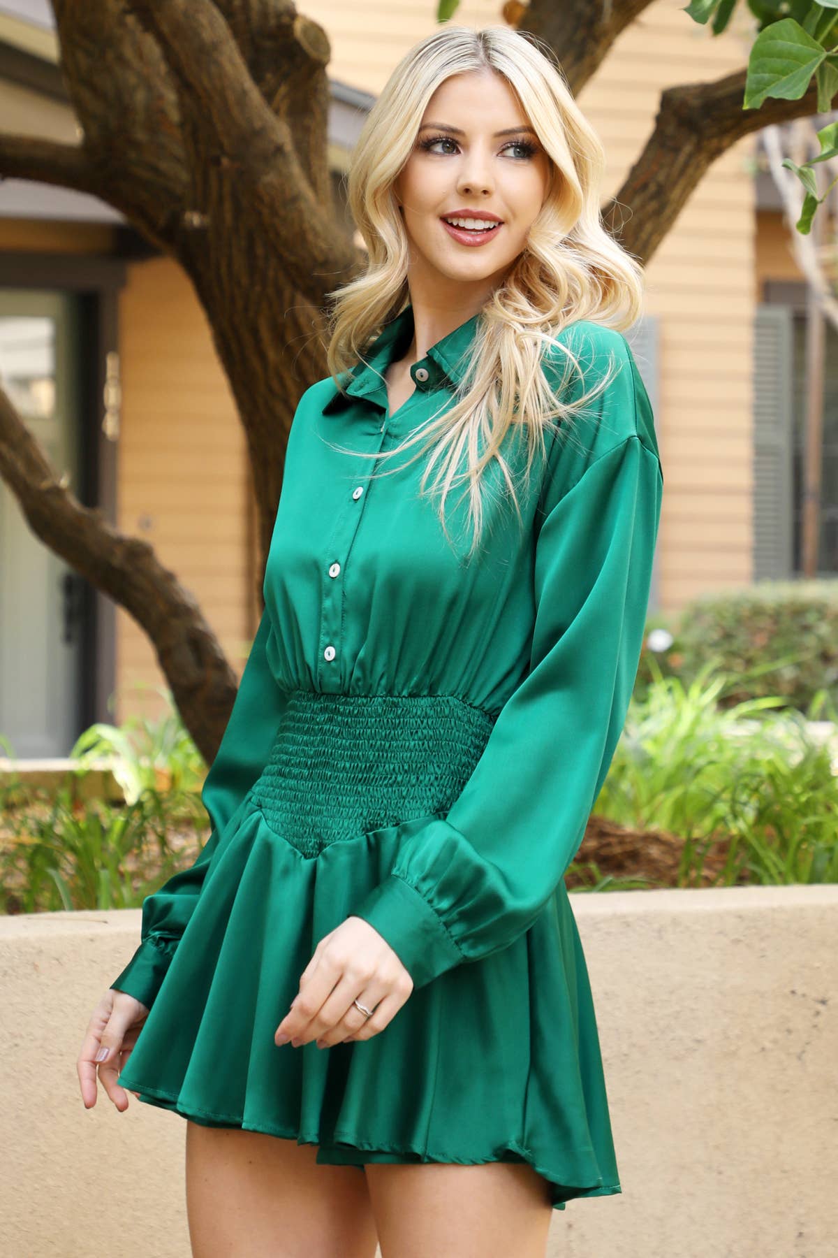 Women's Smocked Waist Long Sleeve Dress With Shorts