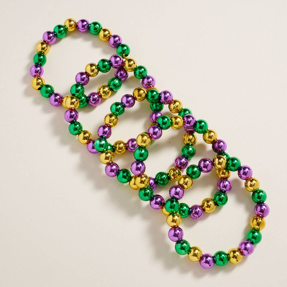 5PCS - Metallic Mardi Gras Beaded Stretch Multi Layered Bracelets