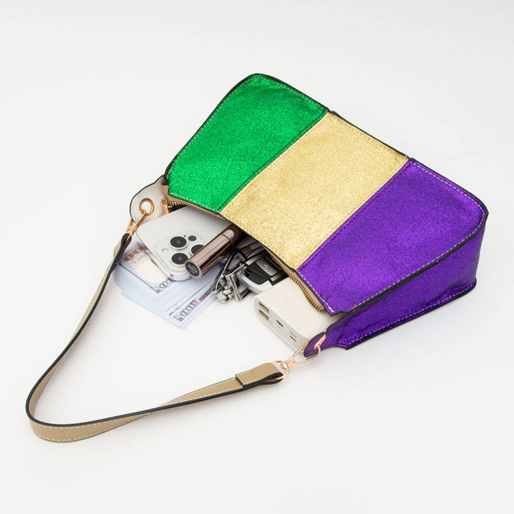 Faux Leather Mardi Gras Sparkle Front Shoulder Crossbody Bag