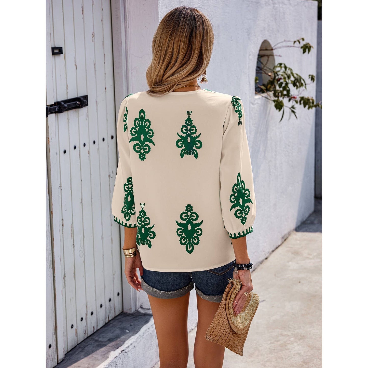 Geo Print V Neck Loose Puff Sleeves Blouse