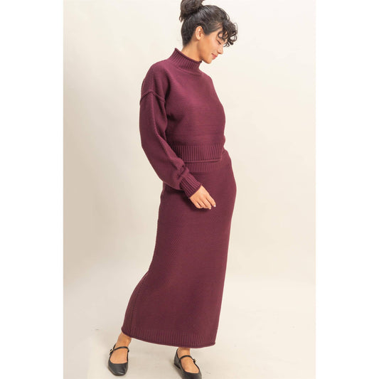 Textured High Neck Sweater & Skirt Set