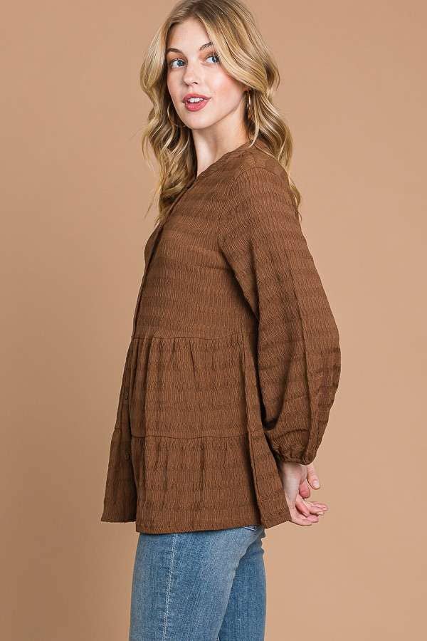 BUTTON DOWN TIERED 3/4 SLV BLOUSE
