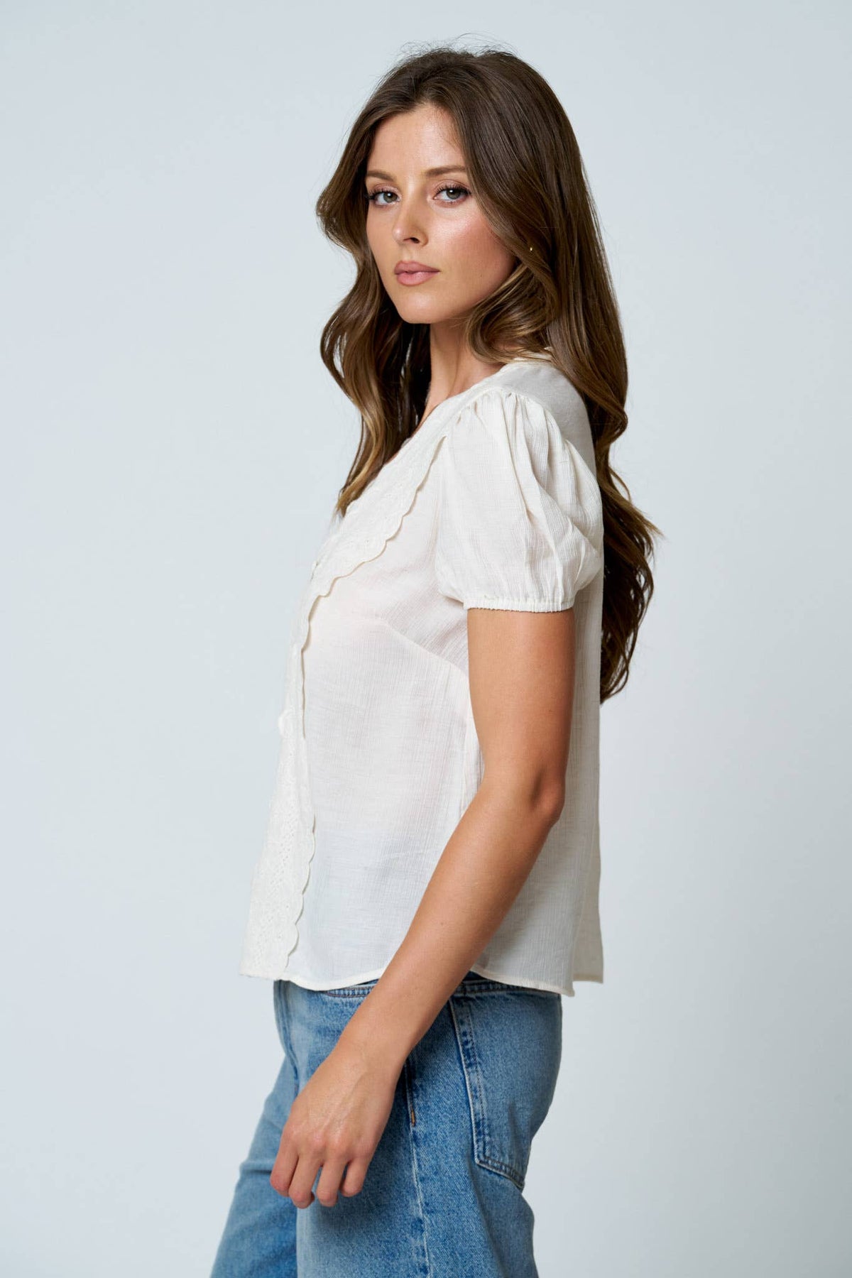 LACE DETAIL PUFF SLEEVE BUTTON DOWN BLOUSE (Multiple Colors)