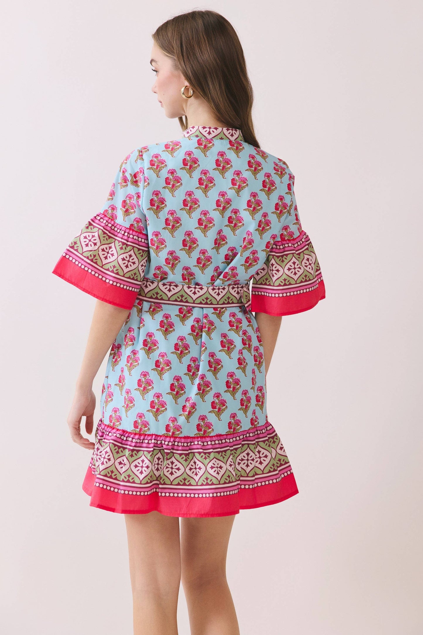 Printed Belted Mini Dress with Contrast Border
