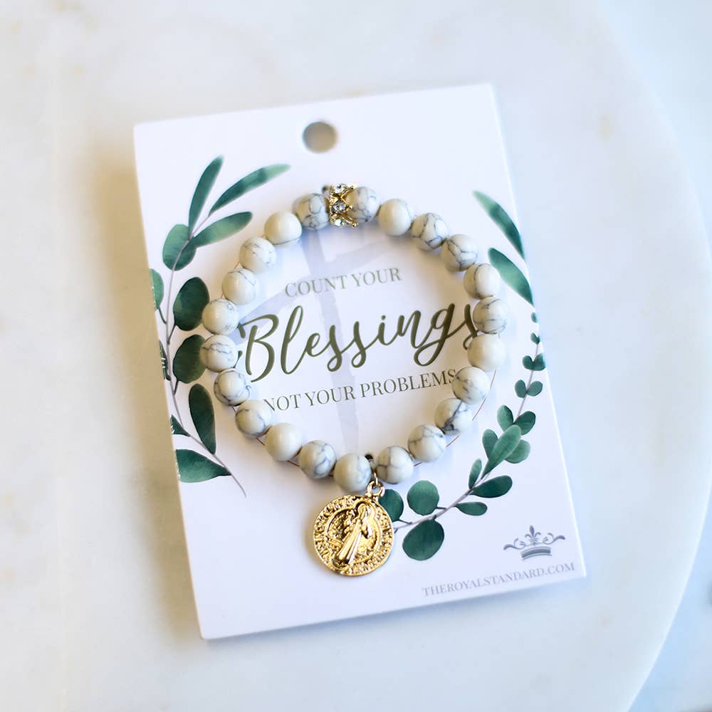 Count Your Blessings Bracelet   White Howlite/Gold   7"