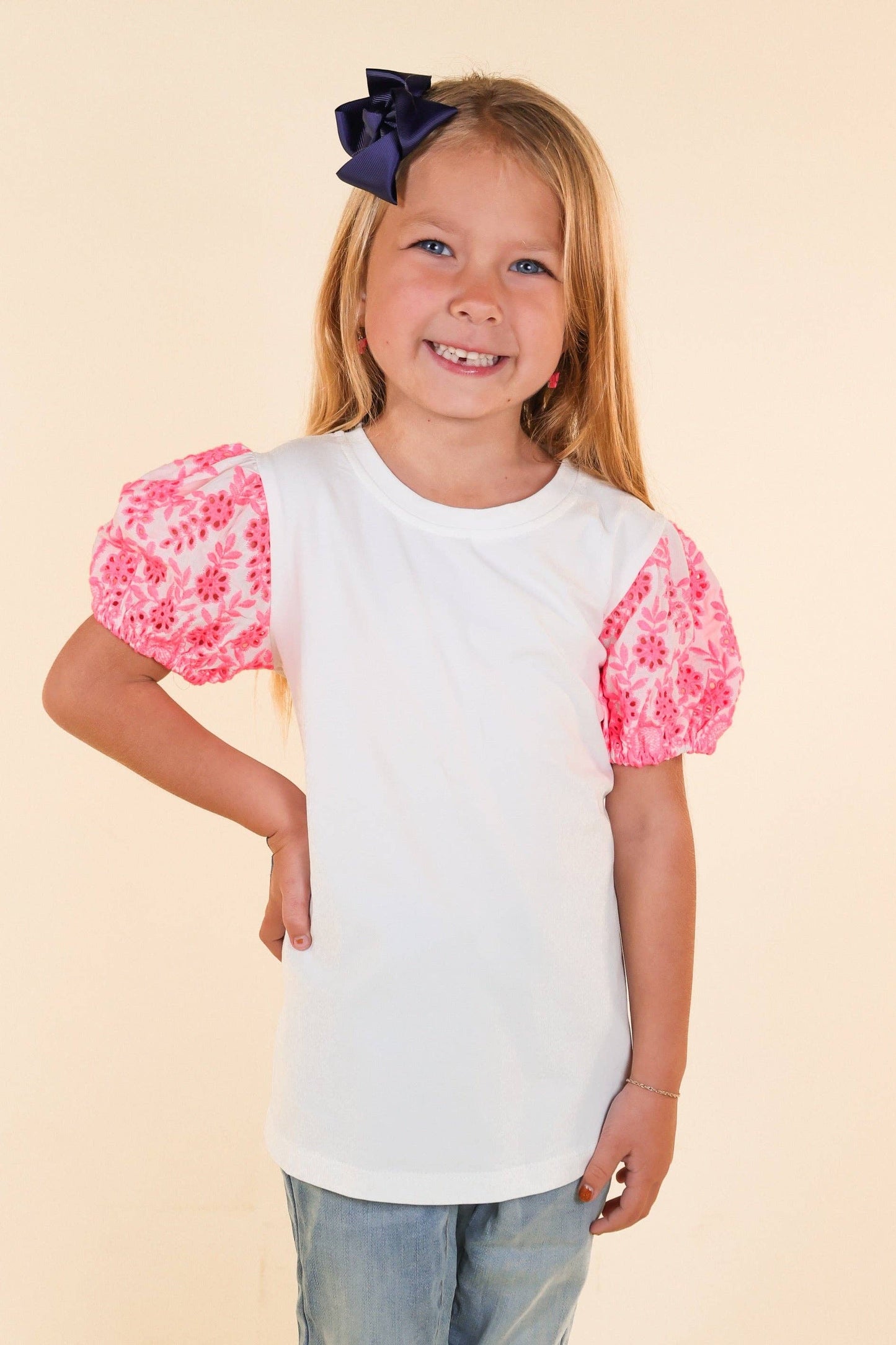 Girls White Top With Pink Eyelet Sleeves