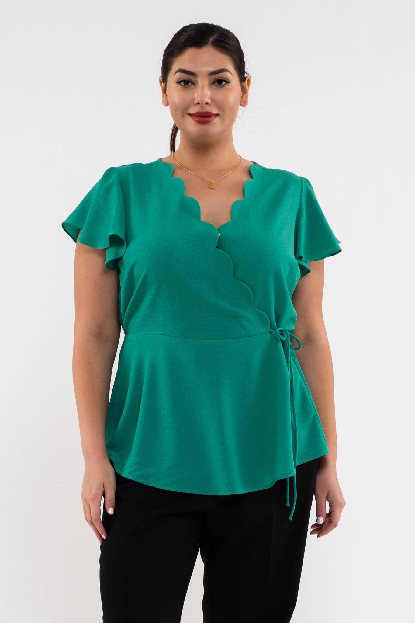 SCALLOPED SURPLICE WOVEN TOP