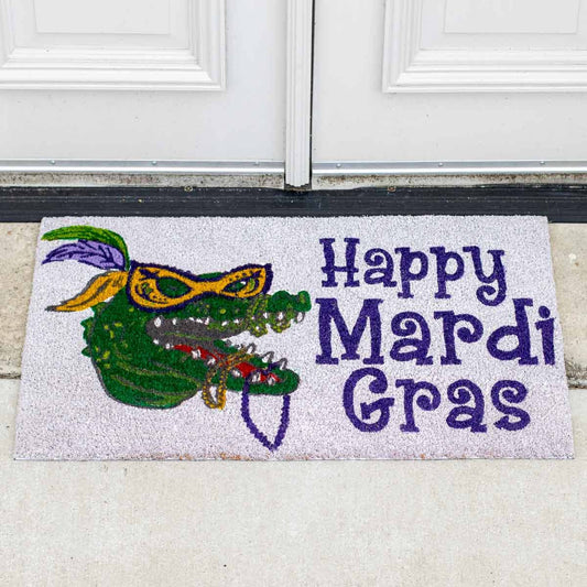 Mardi Gras Gator Coir Doormat   White/Multi   30x18