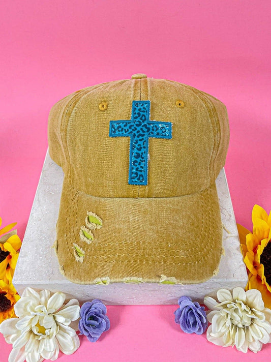 Turquoise Cross Leopard Patch on Distressed Mustard HAT/One Size