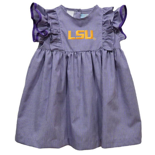 LSU Tigers Embroidered Purple Gingham Ruffle Dress