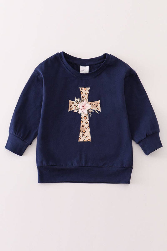 Navy leopard cross girl top