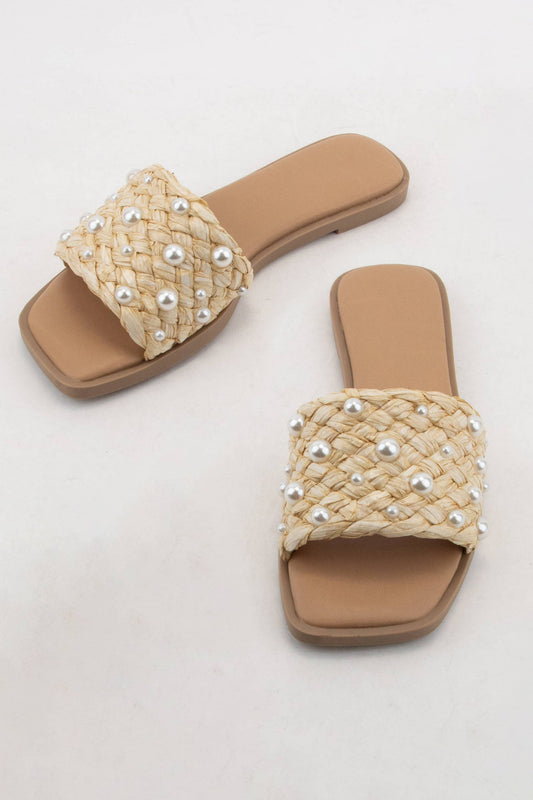 ENGINE PEARL DECOR RAFFIA WOVEN UPPER SLIDE SANDAL NATURAL RAFFIA