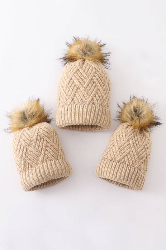 Beige cross cable knit pom pom beanie hat toddler/kids