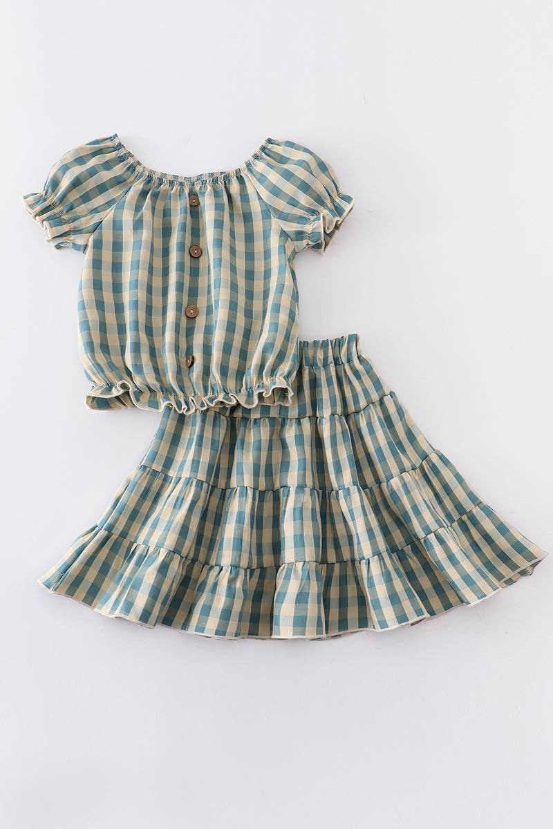 Teal plaid puff sleeve girl skirt set