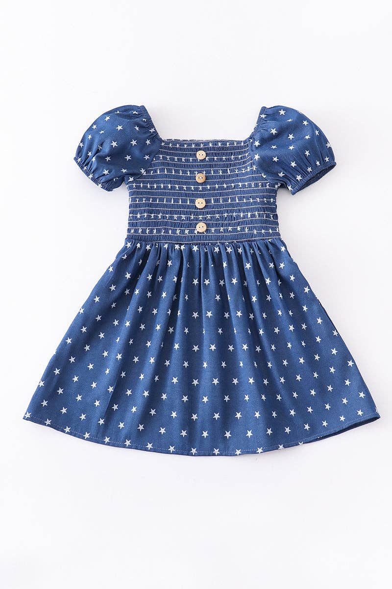 Blue star smocked girl dress