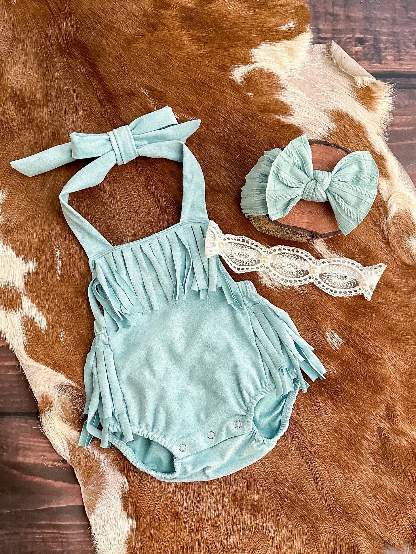 Aqua Fringe Tie Baby Romper