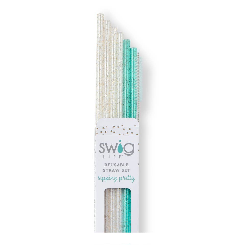 Glitter Clear + Aqua Reusable Straw Set