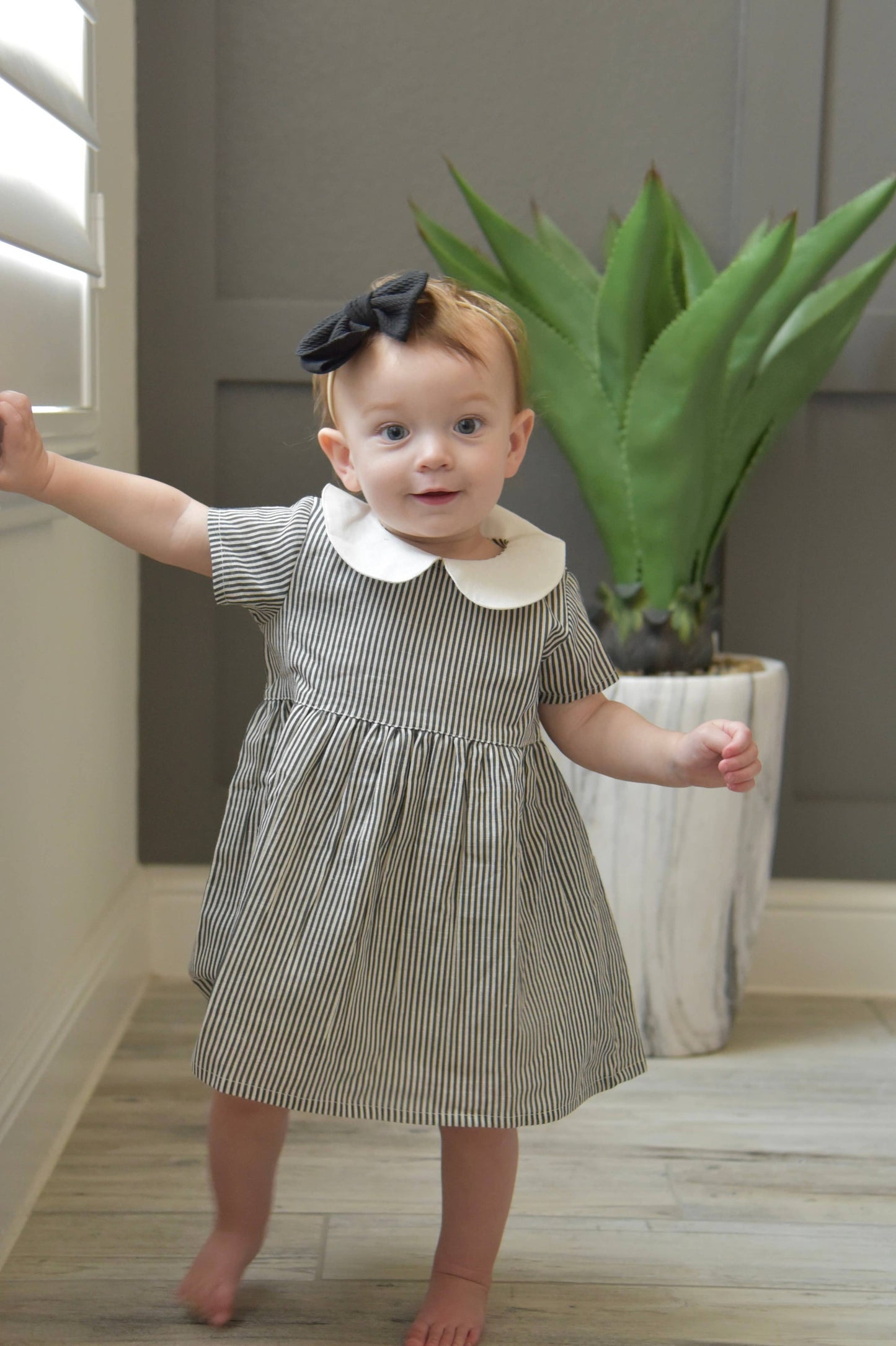 Grey Striped Peter-Pan Collar Dress With Matching Diaper Cover