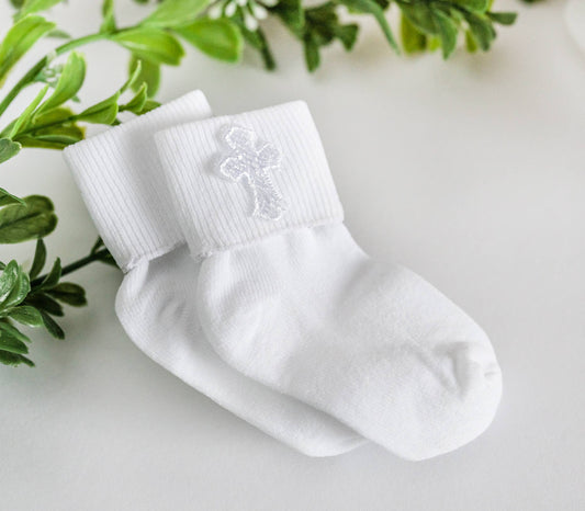 White Baby Baptism or Christening Dress Socks with Cross