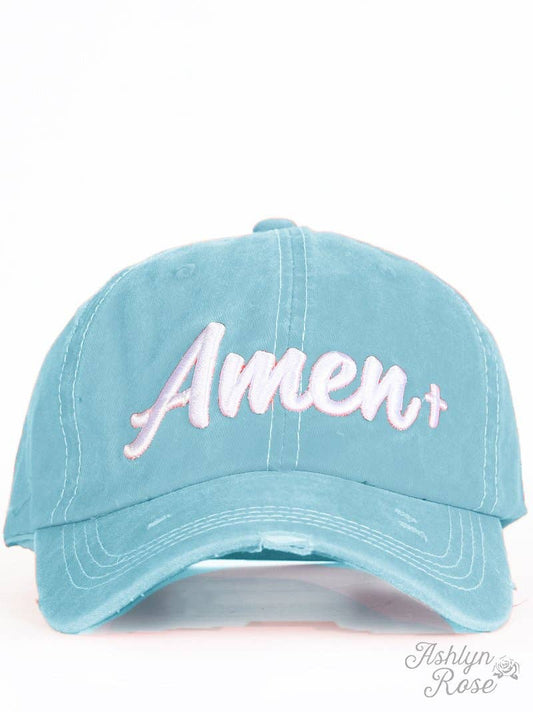 White Amen Embroidery on Turquoise Hat One Size