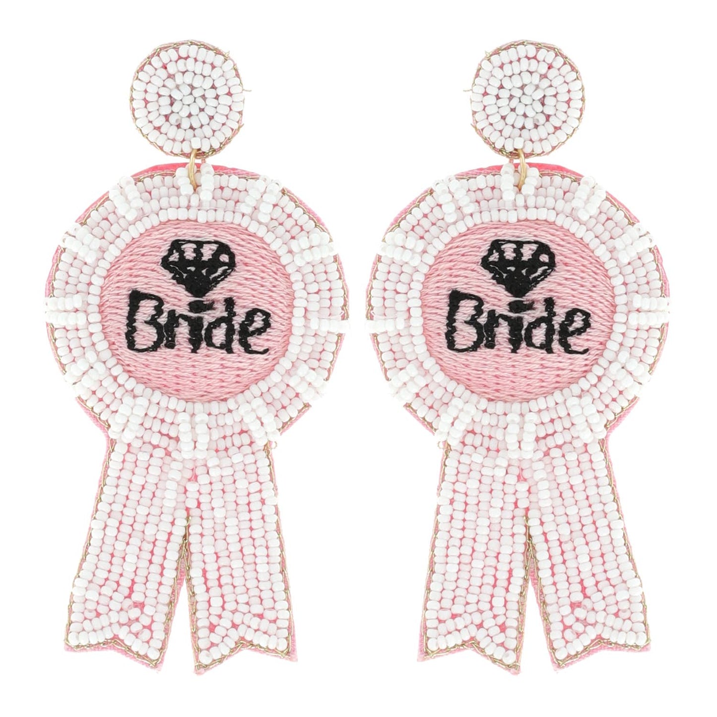 Embroidered "Bride" Beaded Ribbon Dangle Earrings