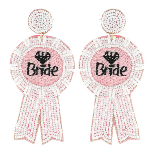 Embroidered "Bride" Beaded Ribbon Dangle Earrings