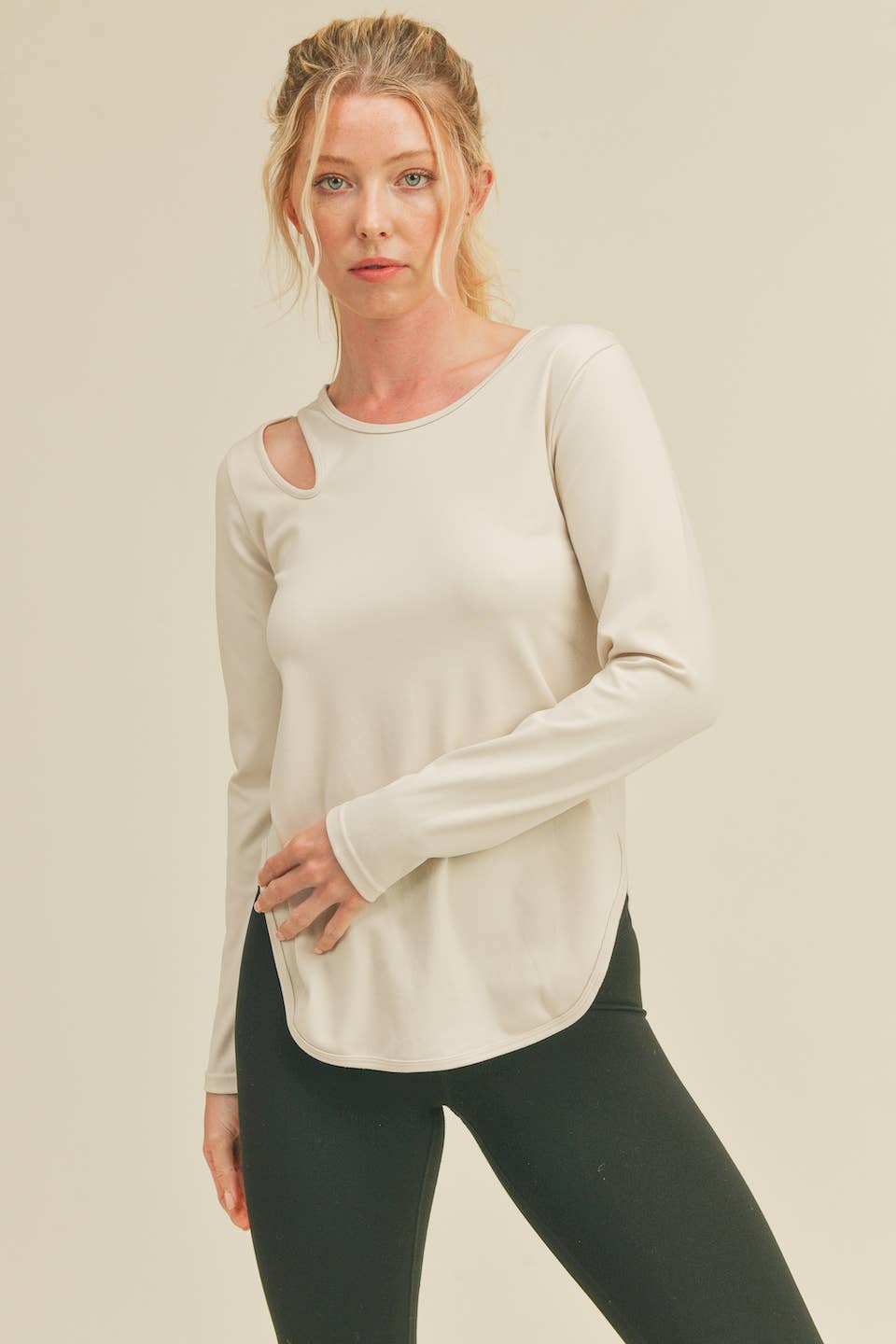 Oatmeal Asymmetrical Slit Long Sleeve Top